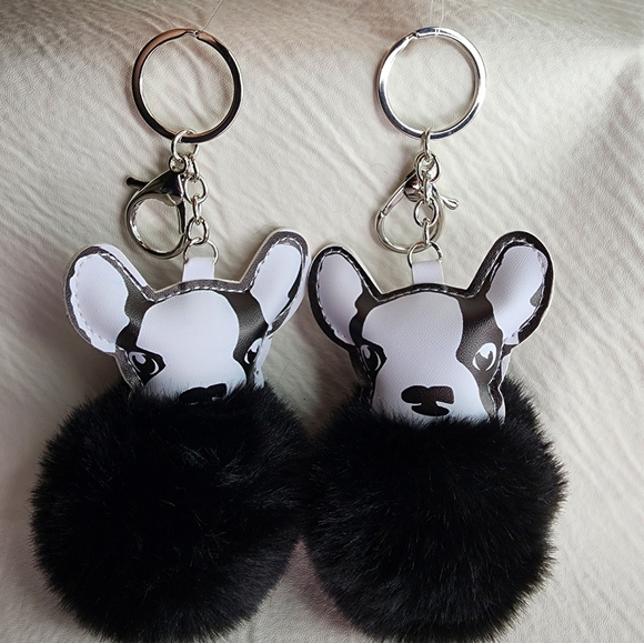 Boston Terrier / French Bulldog Dog Keychains Pom Pom Black White Set of 2 NWOT - Picture 12 of 15